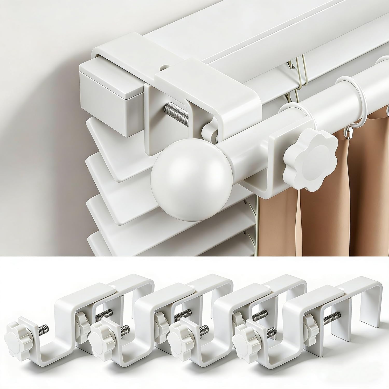 No Drill Curtain Rod Brackets for Outside-Mount Blinds, Tool-Free, Renter Friend1