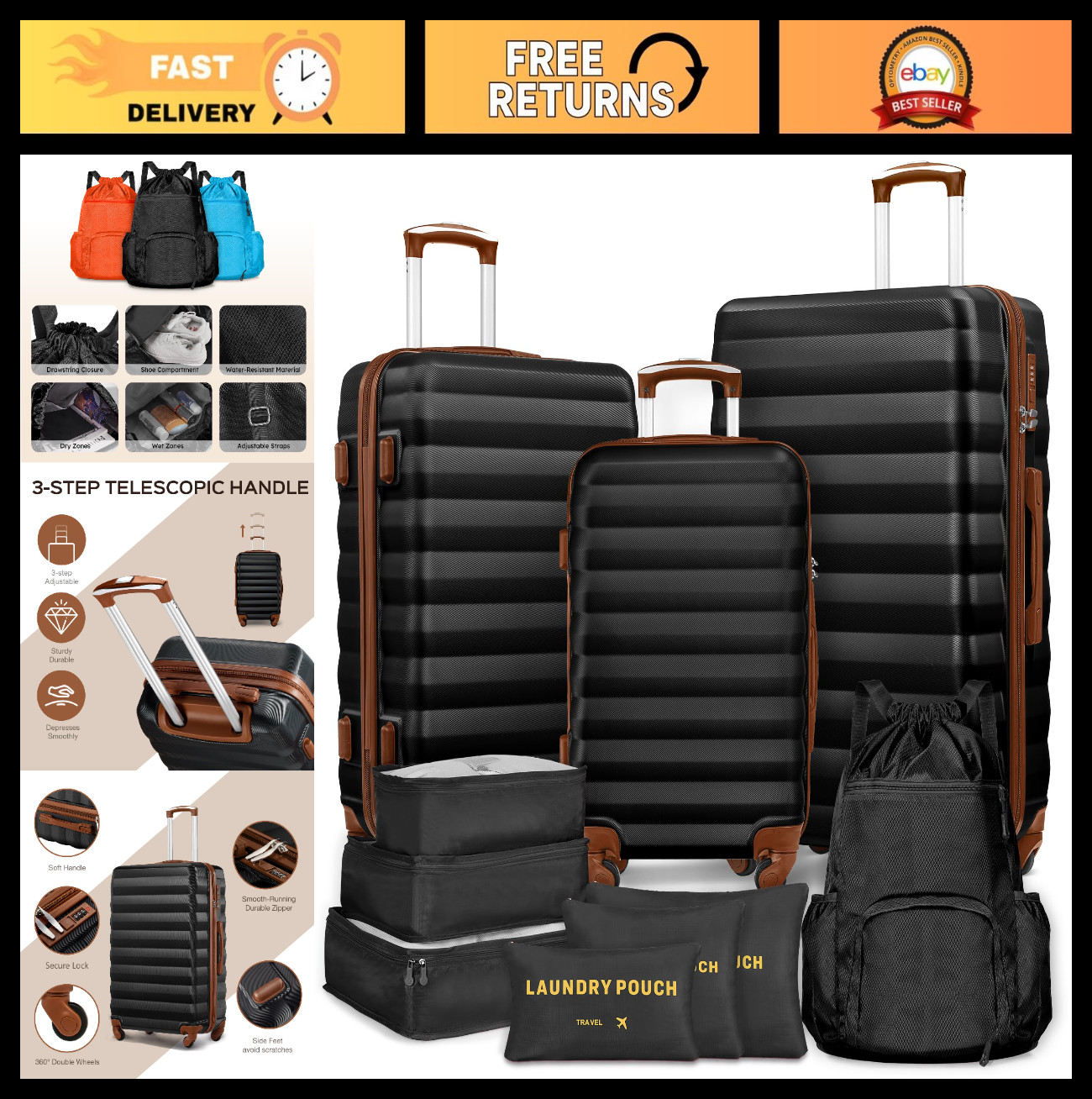 3-Piece Hard Shell Luggage Set with Spinner Wheels, 20/24/28 Inch Suitcases & Pa0