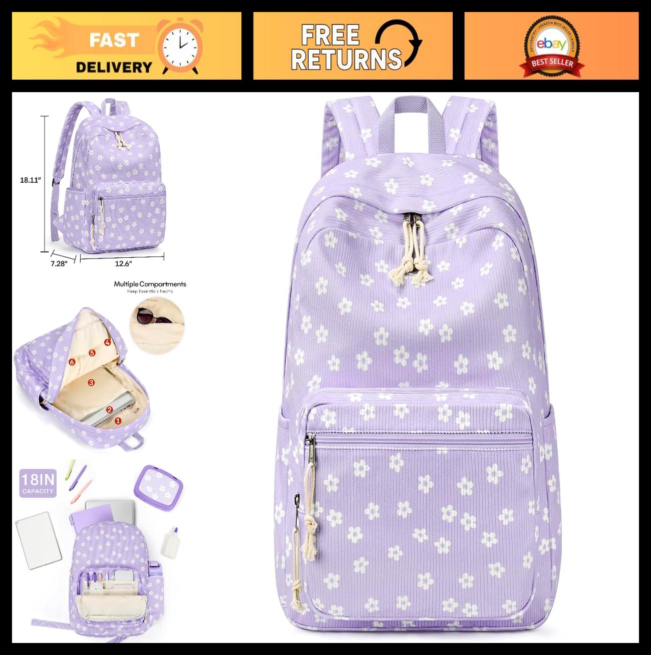 Stylish Preppy Corduroy Kids Backpack, Cute School Bookbag for Girls, Durable &0