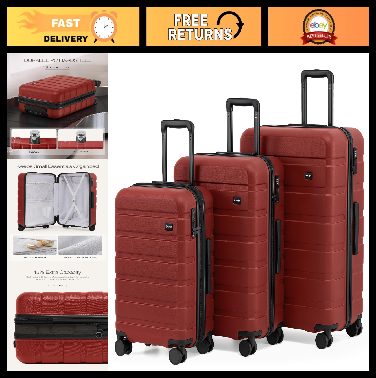 Lightweight Durable Hardshell Luggage Set - 3 Piece, Deep Red, 360° Spinner Whee0