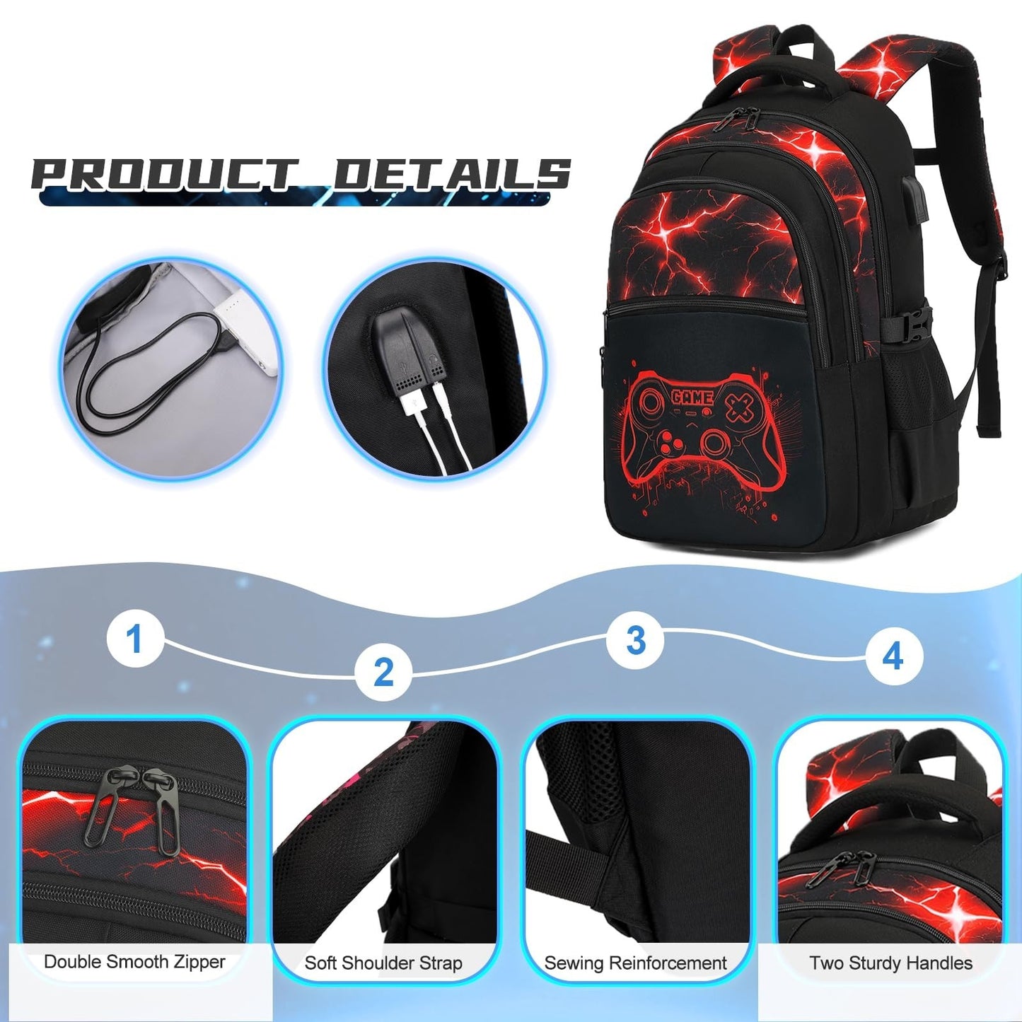 Cool Luminous Gamer Backpack Set for Boys   6PCS with Lunch Bag & Pencil Case, S6