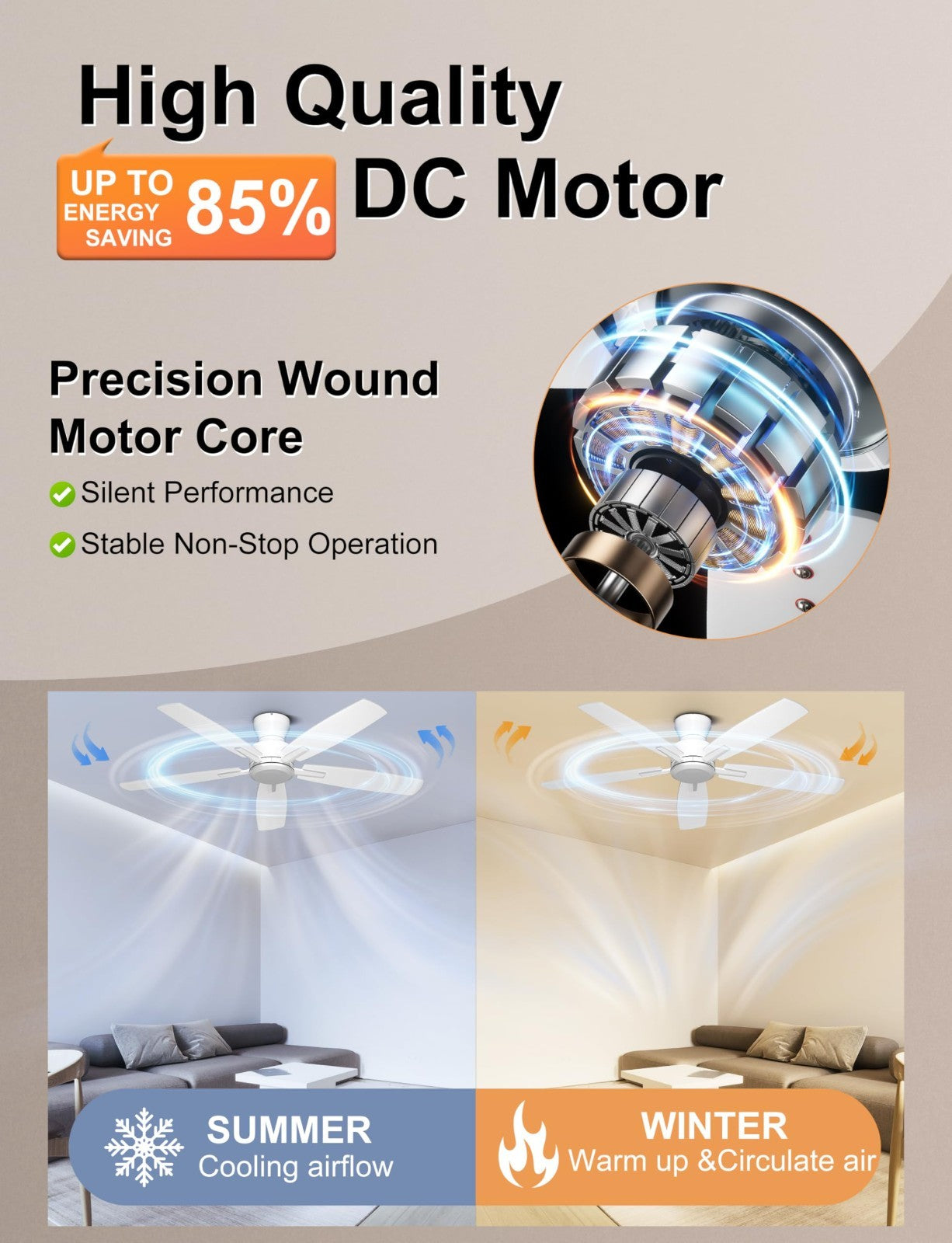 52'' Low Profile Ceiling Fan   No Light, Flush Mount, Remote/APP Control, Quiet3