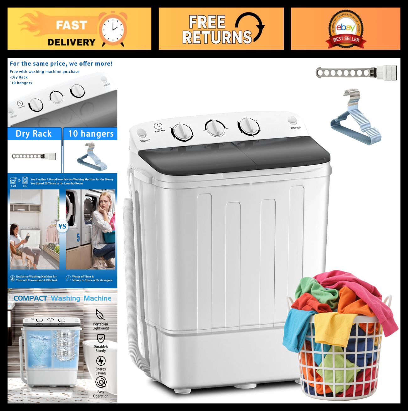 Compact Twin Tub Washing Machine 19lbs with Drying Rack & Hangers, 1500rpm Mini0