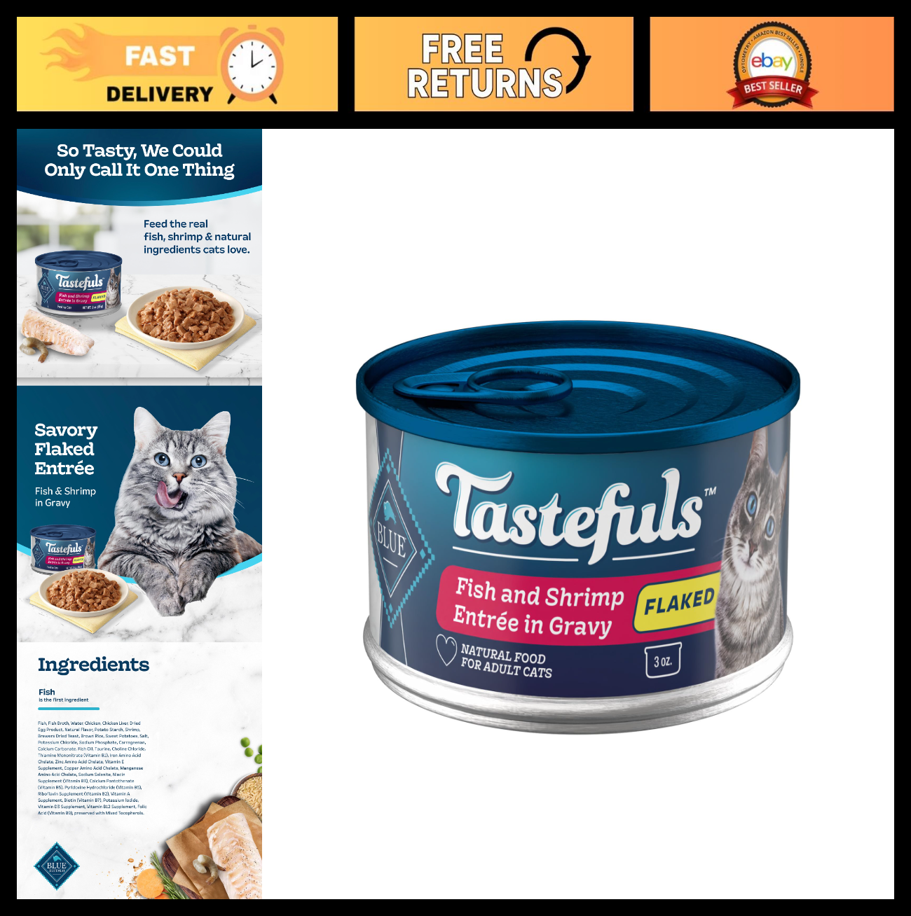 Flaked Wet Cat Food with Fish & Shrimp, 3 oz Cups, 24 Pack, Grain Free, High Pro0