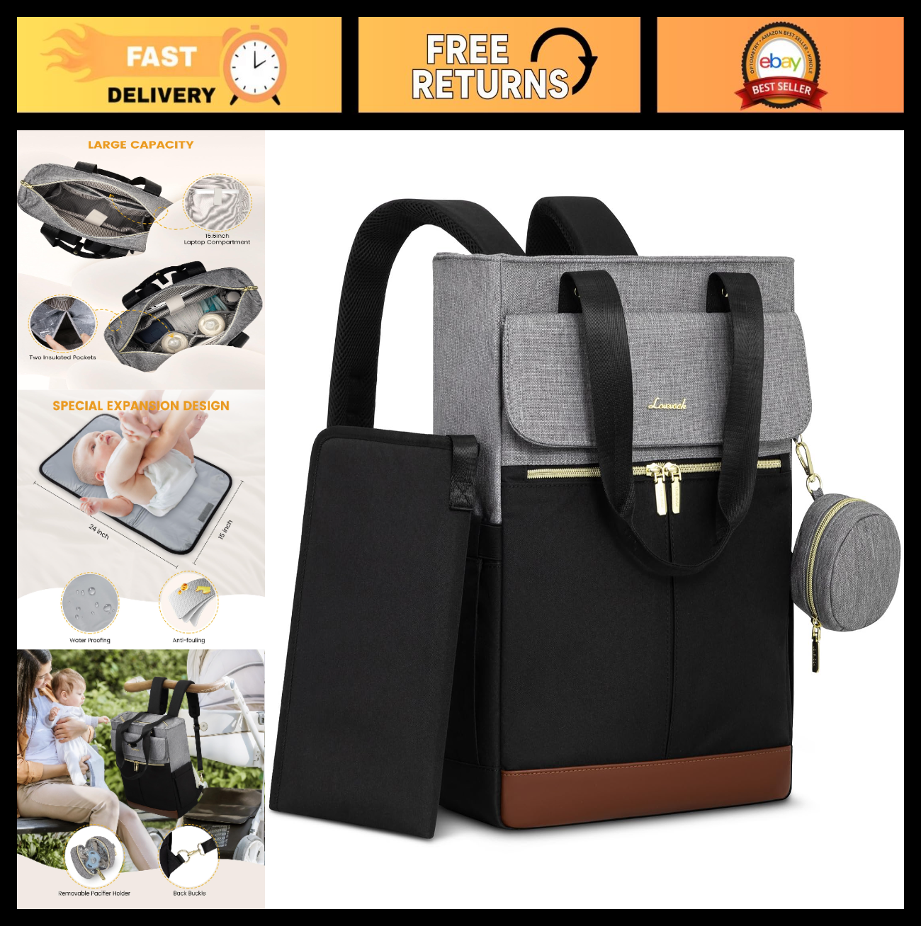 Diaper Bag Backpack Tote with Insulated Pockets & Changing Pad   Stylish & Funct0