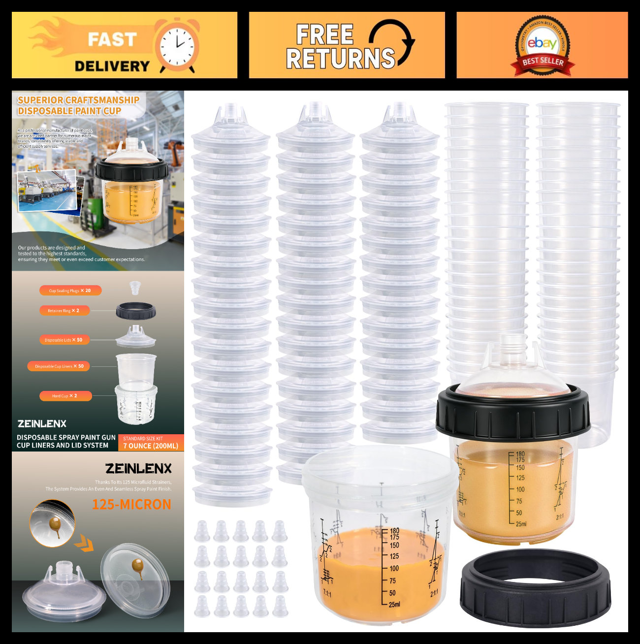 HVLP Paint Sprayer Mixing Cups - 50 Disposable 6.7oz (200ML) Kits for Auto & Fur0