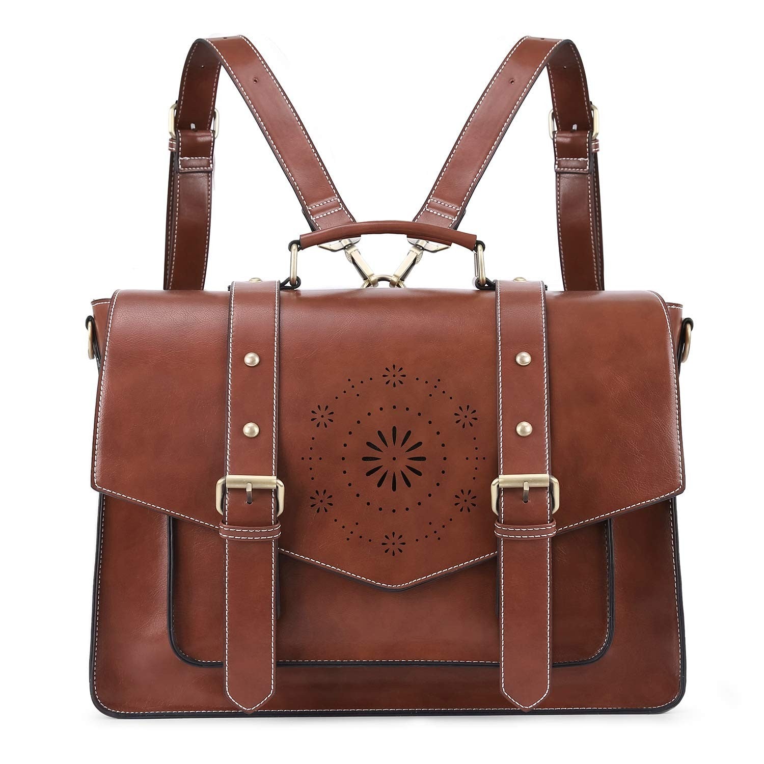 Vegan Leather Laptop Backpack Briefcase for Women, 15.6" Satchel Work Bag - Coff1