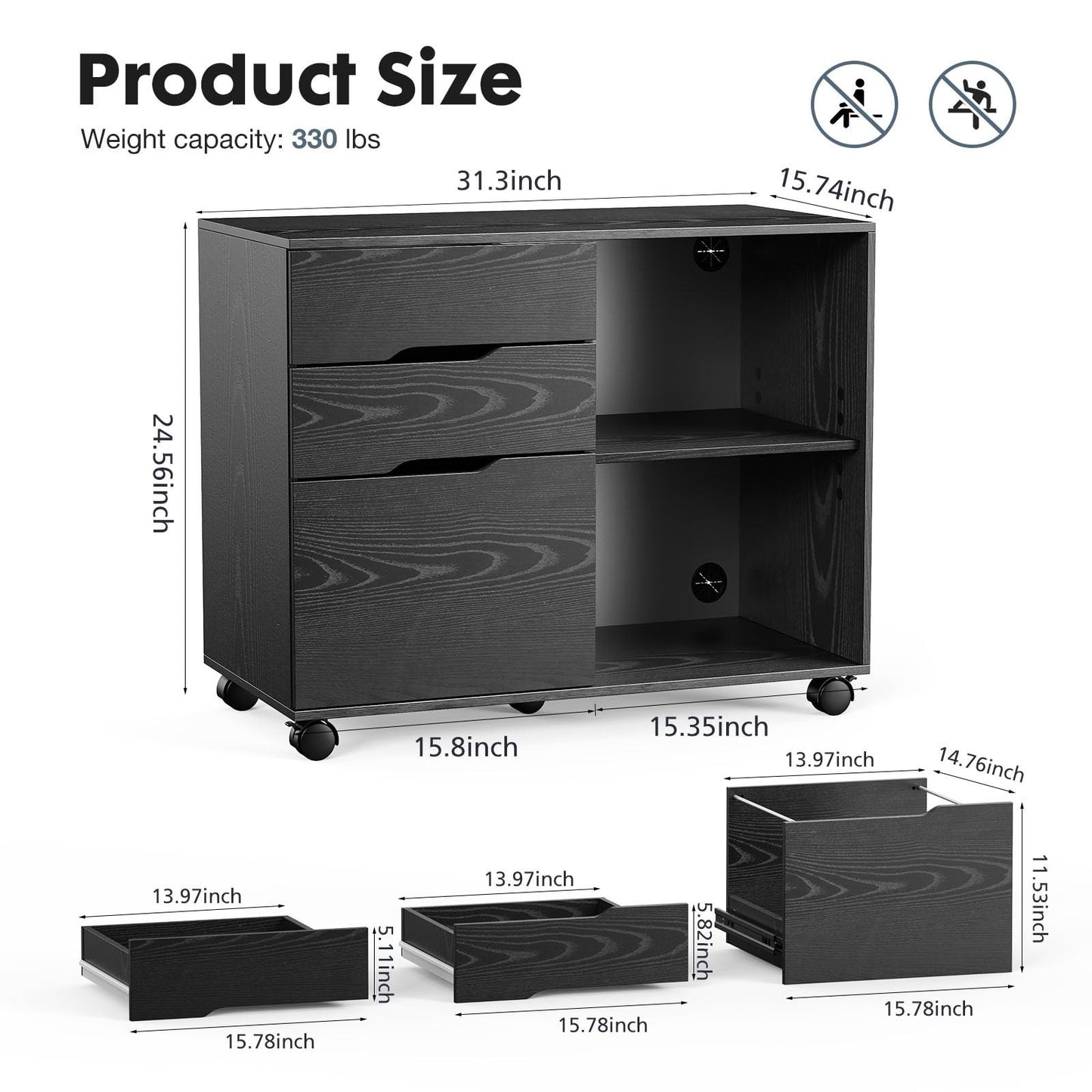 Wood File Cabinet with 3 Drawers, Rolling Printer Stand, Under Desk Storage Orga2