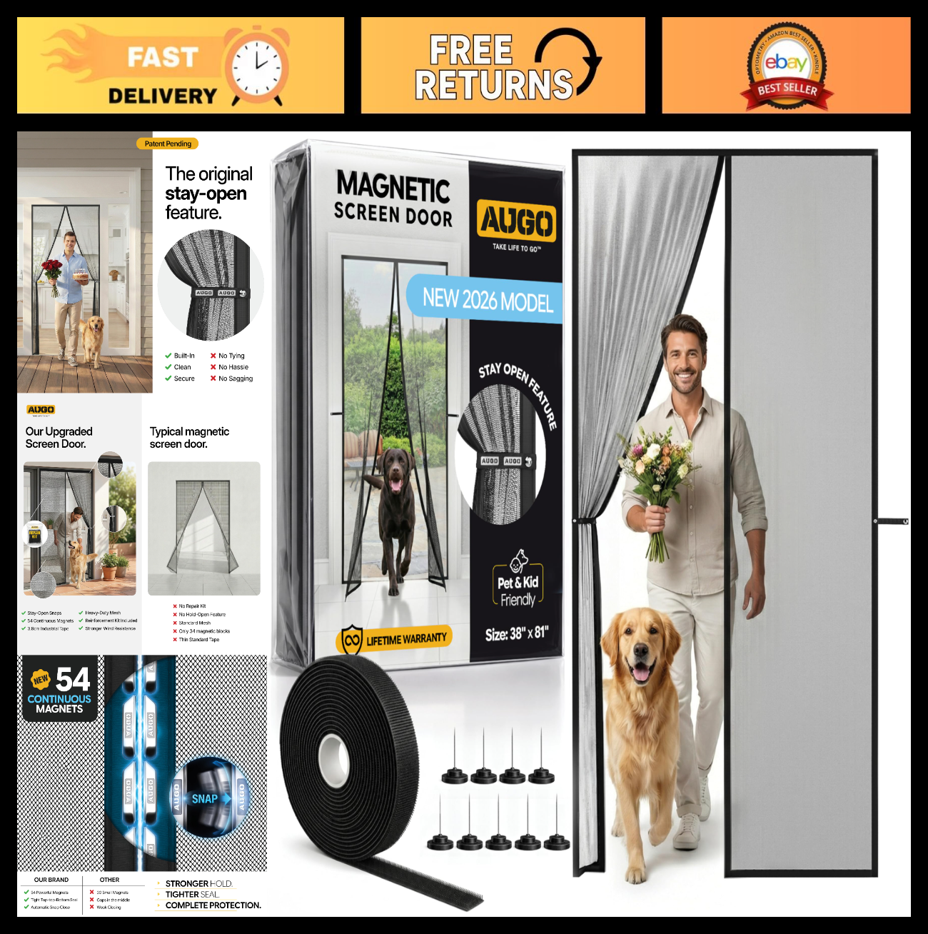 Magnetic Screen Door   Self Sealing, Heavy Duty Mesh, Hands Free Bug Barrier, 380