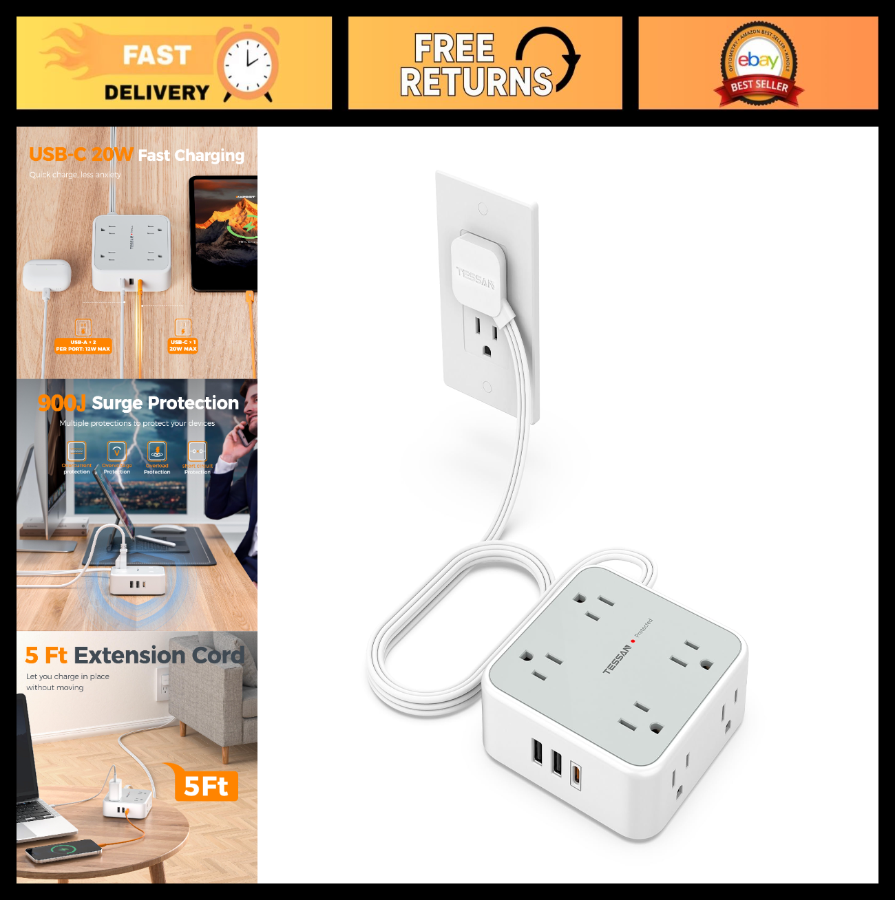Surge Protector Power Strip 900J Protection, 5 Ft, 6 Outlets, Grey Color0