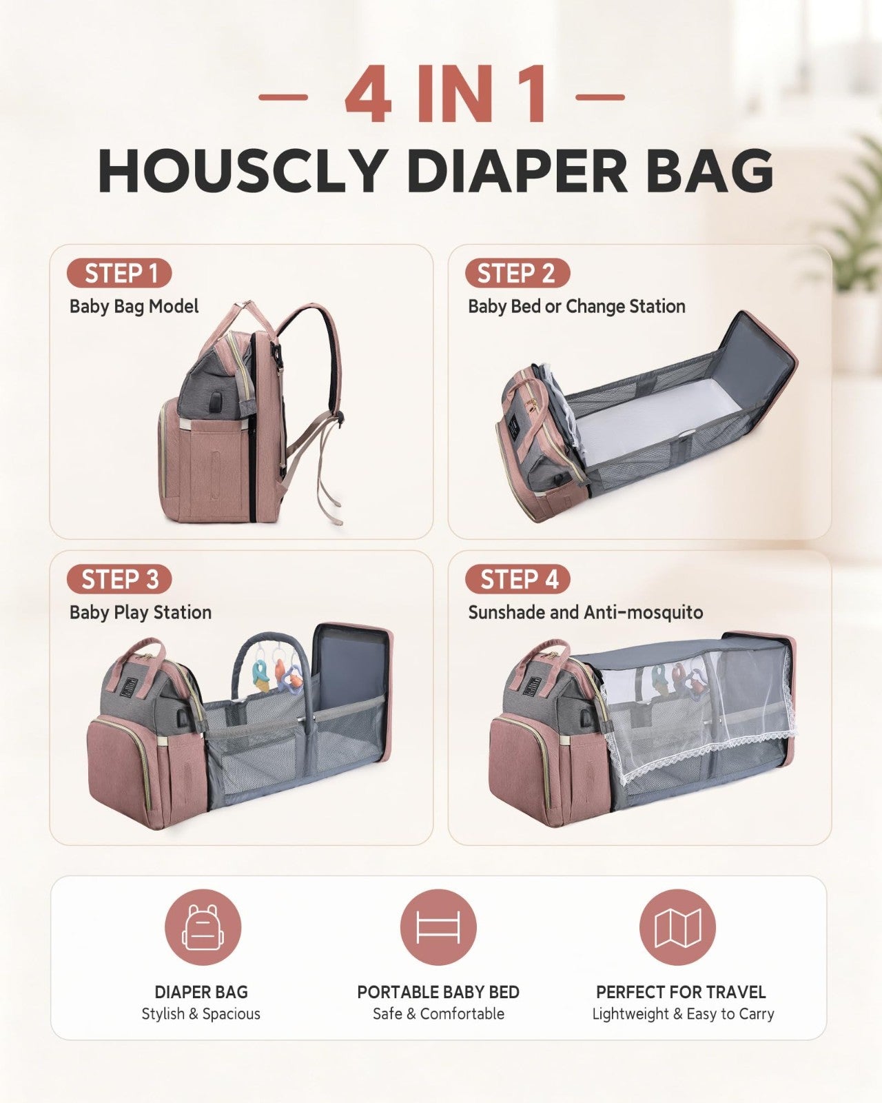 Large Capacity Diaper Bag Backpack with Changing Station, 25L, Multi Function Ba1
