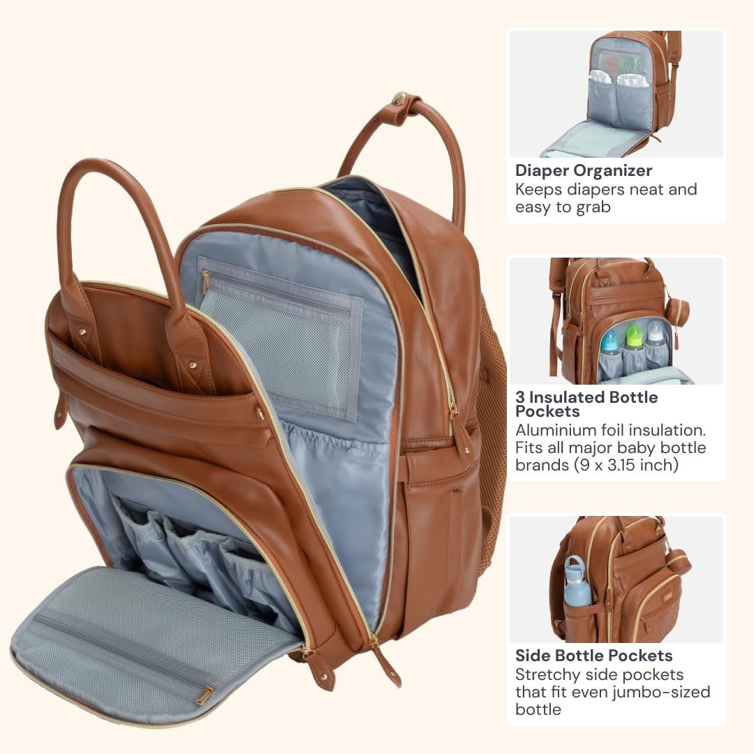 Leather Diaper Bag Backpack   Multi Function Baby Travel Bag, Water Resistant, C5