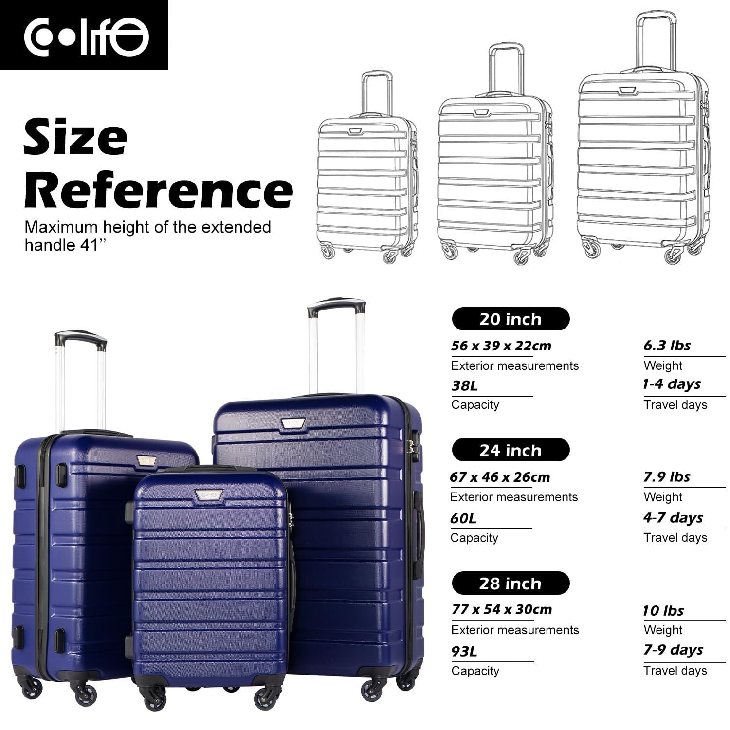 Lightweight Durable Hardshell Luggage Set, 3-Piece Suitcase with 360° Spinner Wh6