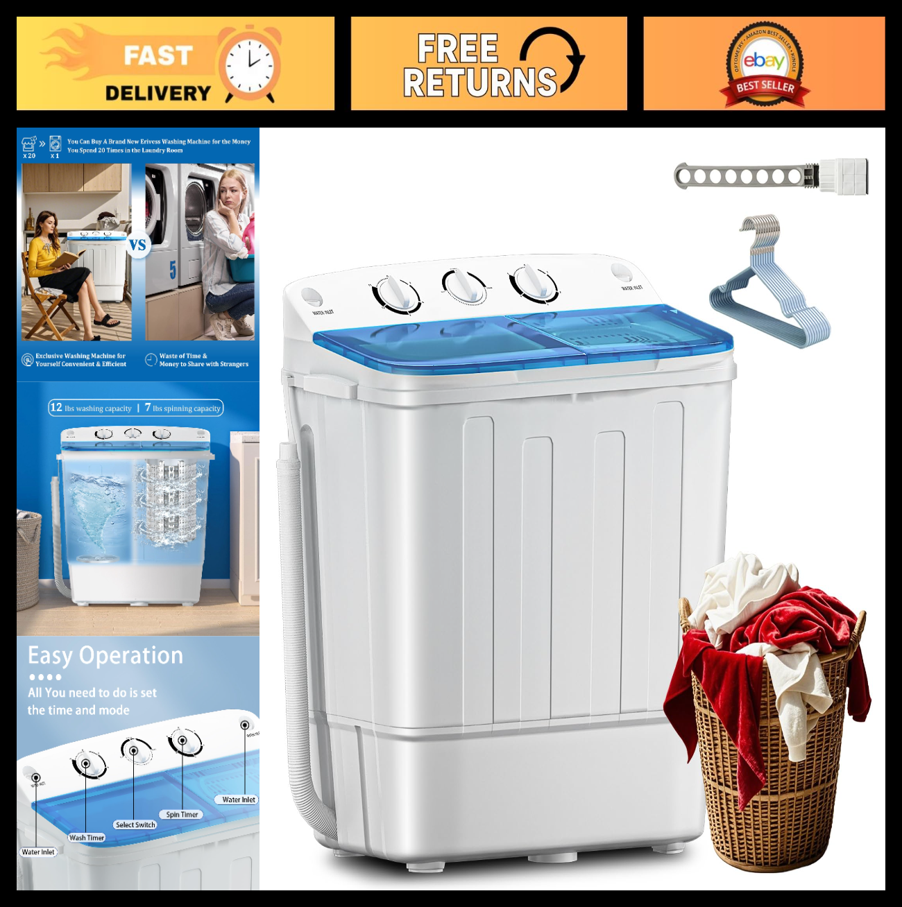 Compact Twin Tub Washing Machine 19lbs with Drying Rack, Mini Semi Automatic Was0