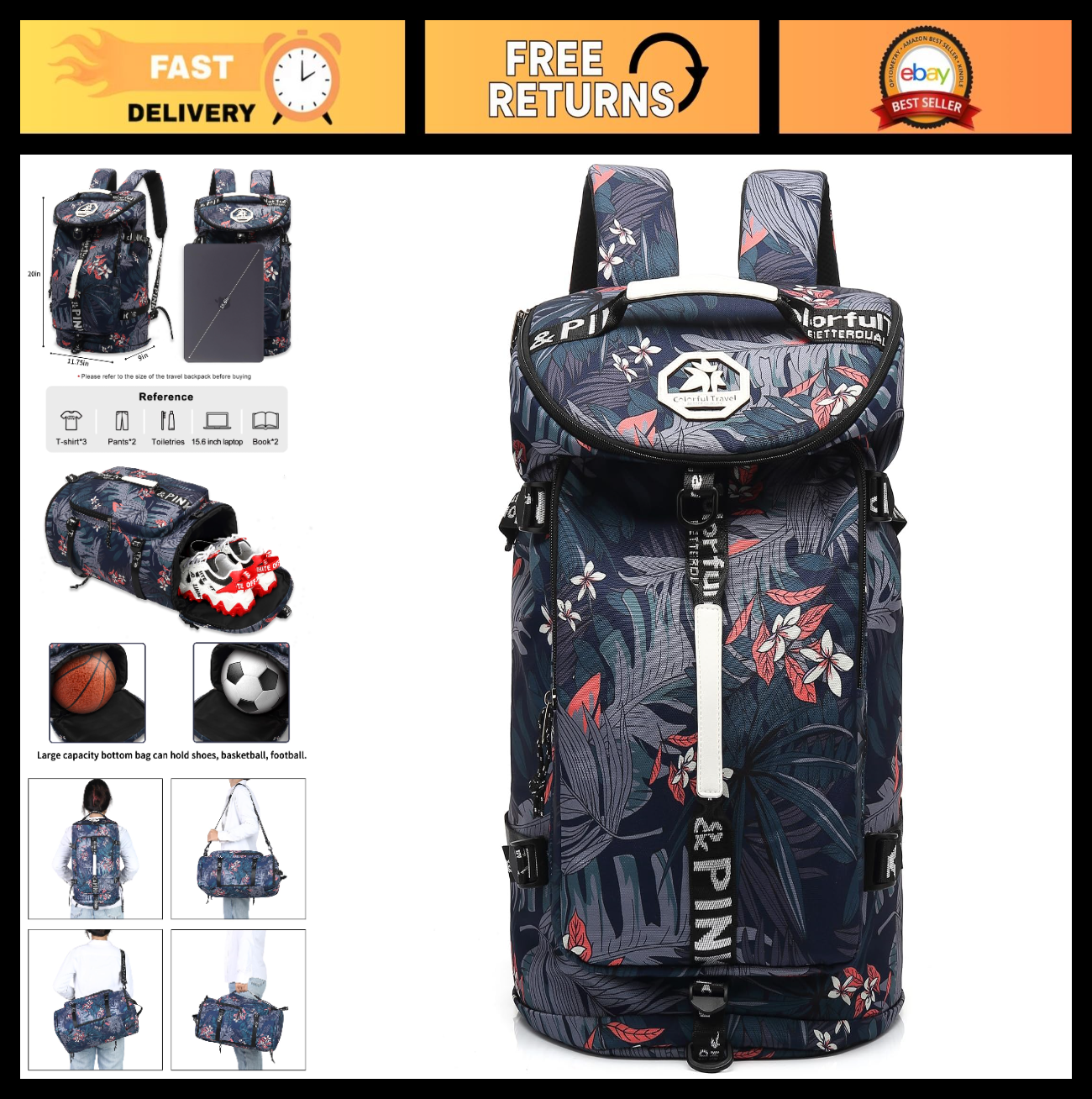 Waterproof Gym Duffel Backpack with Shoe Compartment, 4 Carry Methods, Sports &0