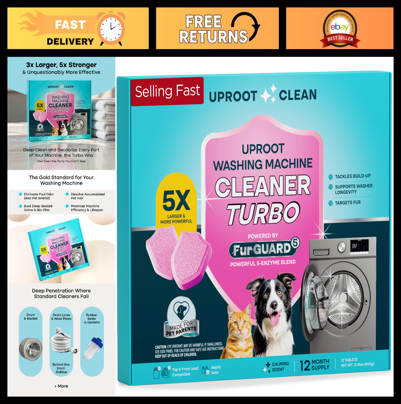 Washing Machine Cleaner Tablets - 5x Stronger, 12-Mo Supply, Pet Safe, HE/Top/Fr0
