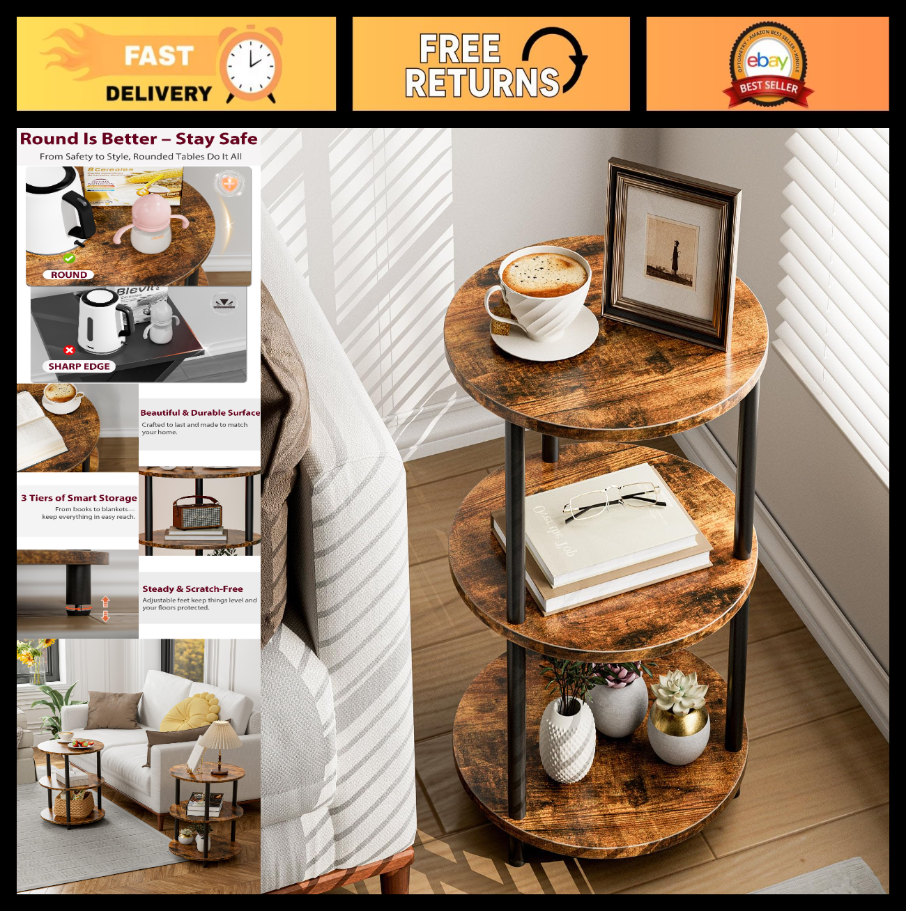 Small Round Coffee Table - 3 Tier Accent Table, Industrial Vintage Nightstand fo0