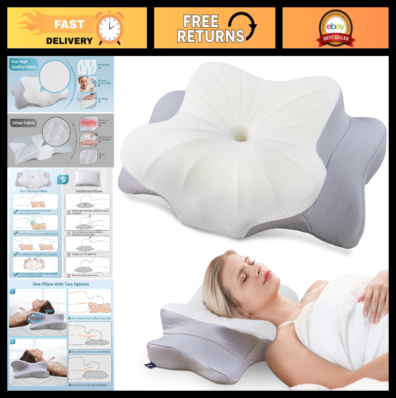 Cervical Pillow for Neck & Shoulder Pain Relief   Cooling Memory Foam, Ergonomic0