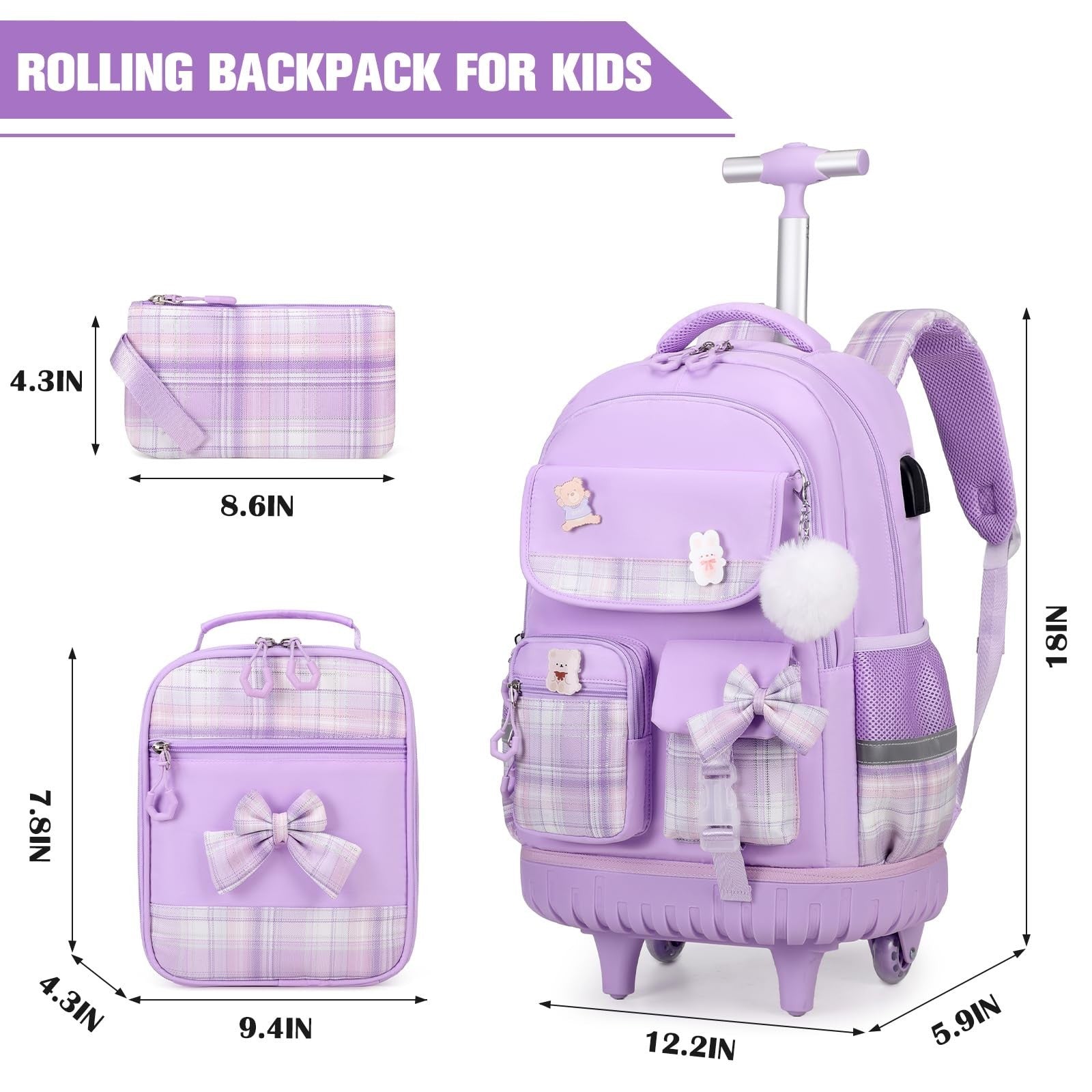 Rolling Backpack for Girls   Wheeled School Bag with Lunch Bag & Pencil Pouch, P2