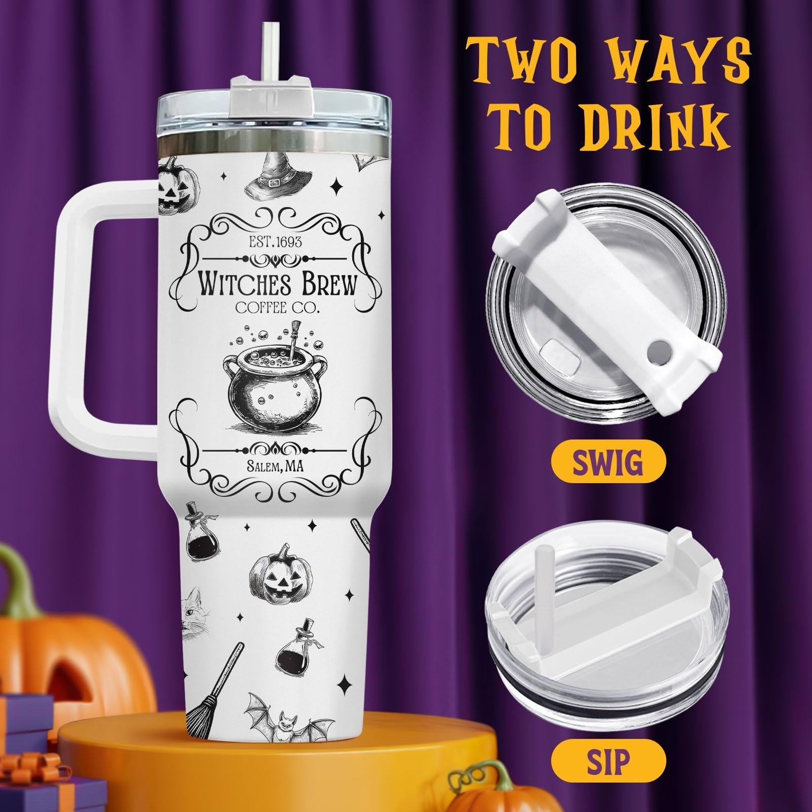 34oz Insulated Witches Brew Coffee Tumbler with Handle & Straw   Perfect Gift!3