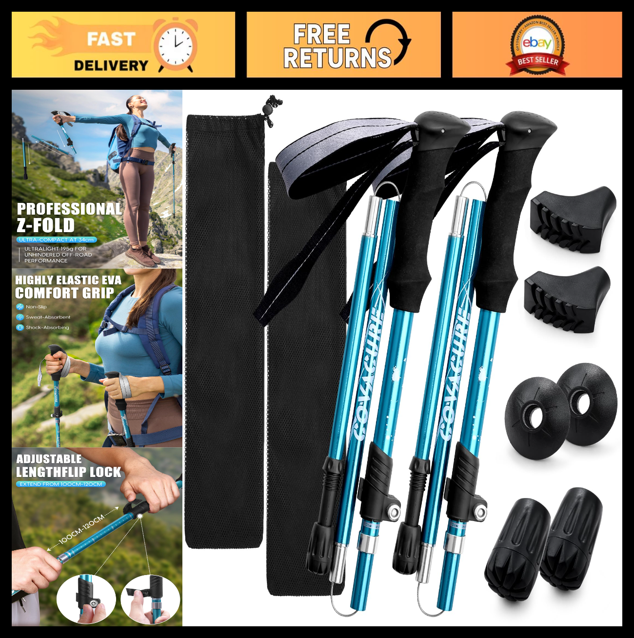 Collapsible Trekking Poles - Lightweight Aluminum Walking Sticks for Hiking, Cam0