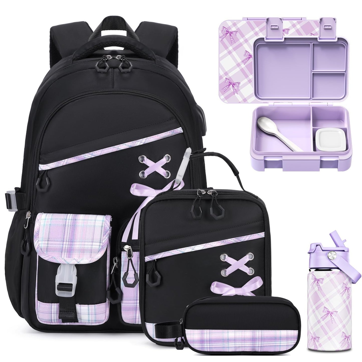 Girls Backpack Set 9PCS with Lunch Bag, Pencil Case, Bento Box & Water Bottle  1