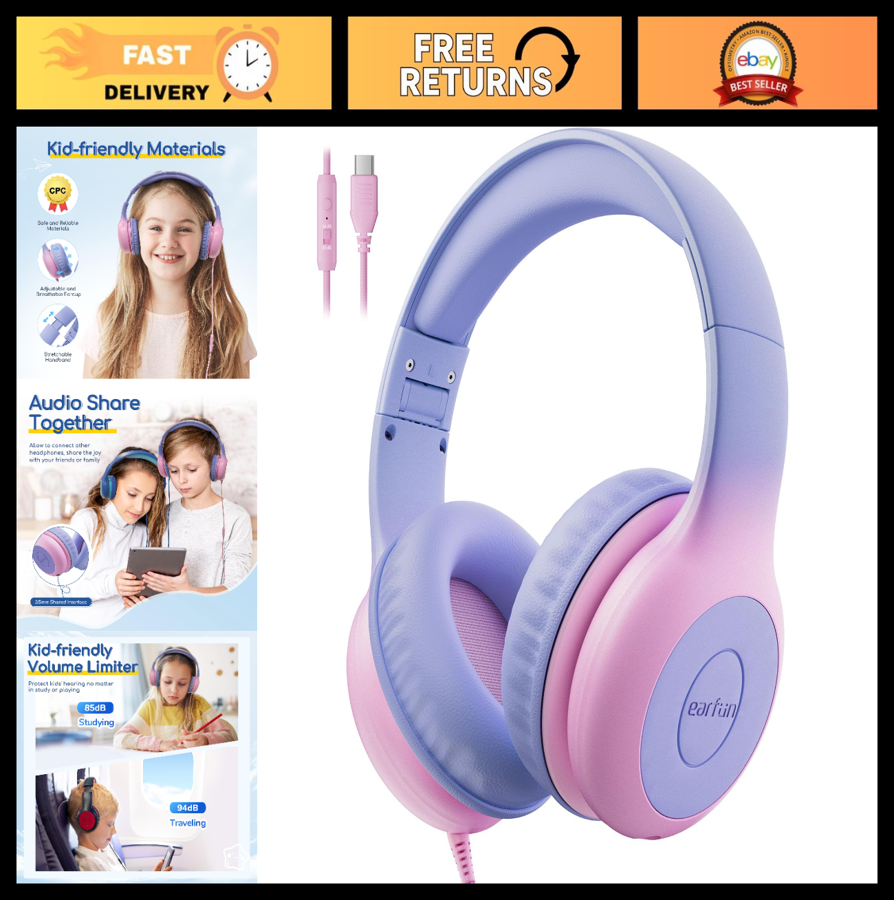 Wired Kids Headphones with Mic, USB Type C, Volume Limit 85/94dB, Portable Folda0