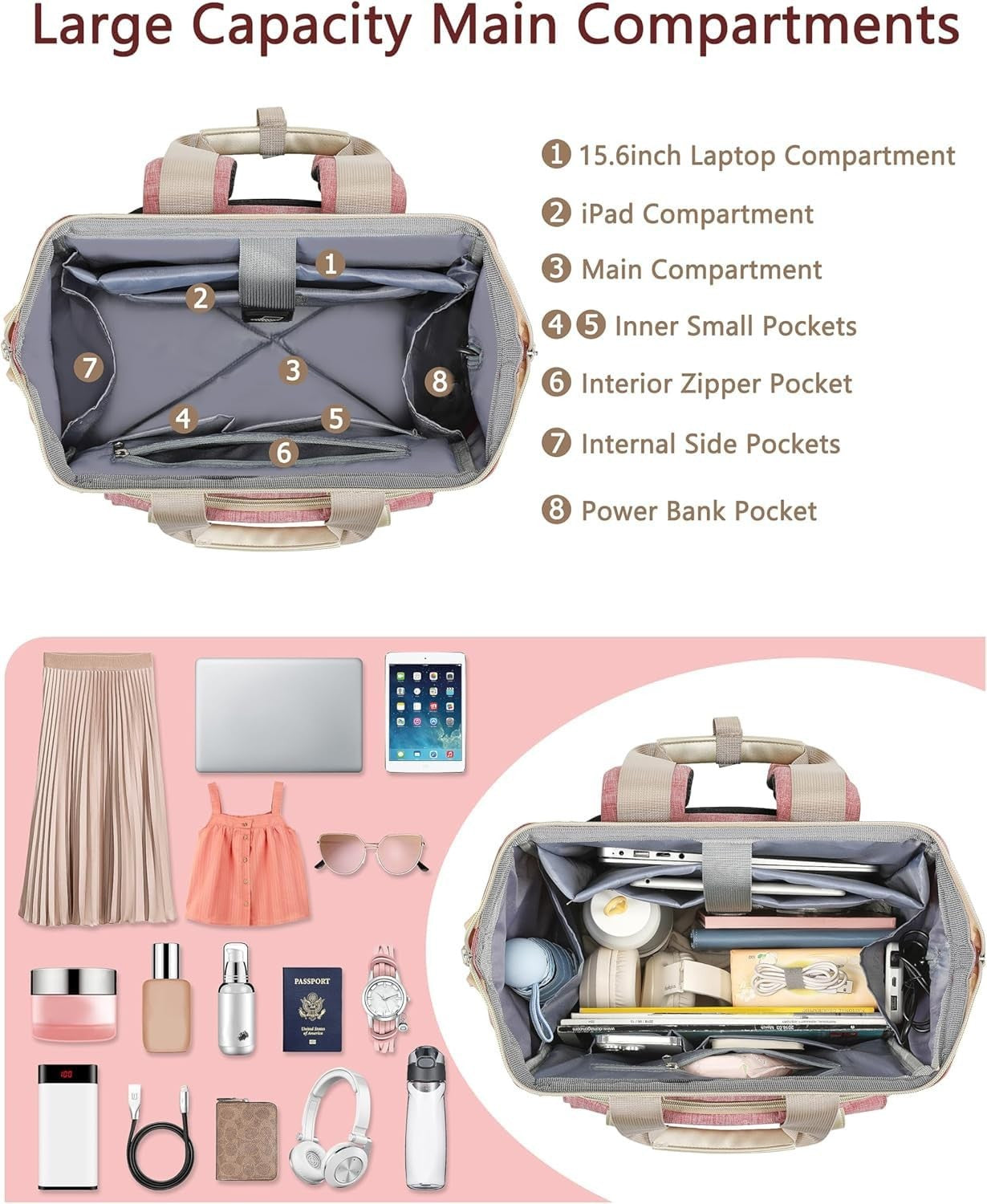 Large Women’s Backpack for 15.6" Laptop, Water-Resistant Travel Bookbag, School2