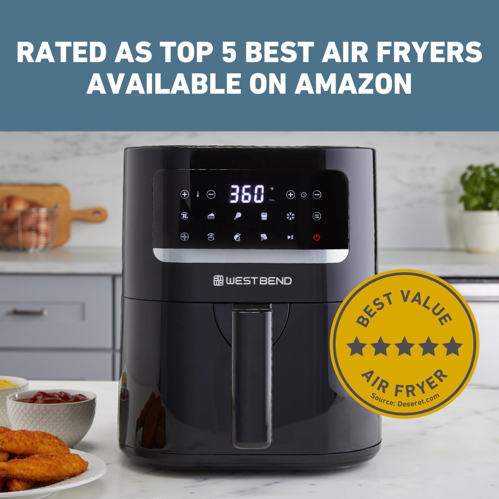Compact 5 Quart Air Fryer with Digital Controls, LCD Display, 10 Presets, Nonsti3