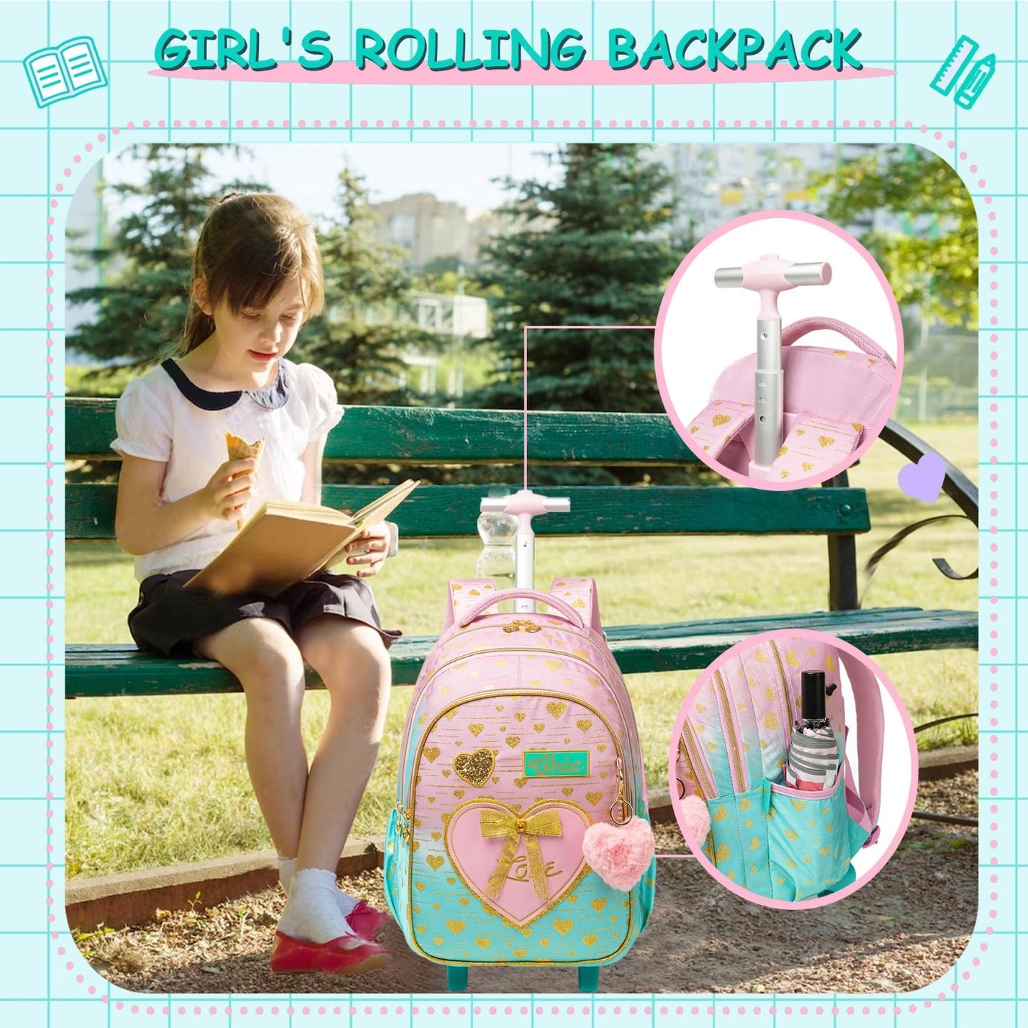 Rolling Kids Backpack with Wheels & Lunch Box   Travel Suitcase for Girls 6 85