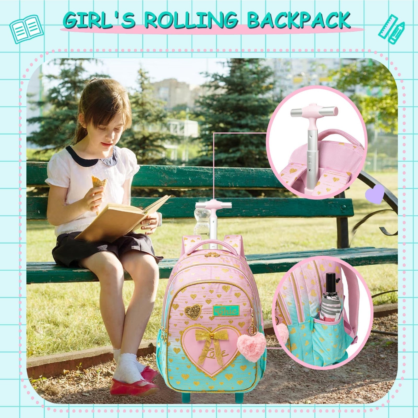 Rolling Kids Backpack with Wheels & Lunch Box   Travel Suitcase for Girls 6 85