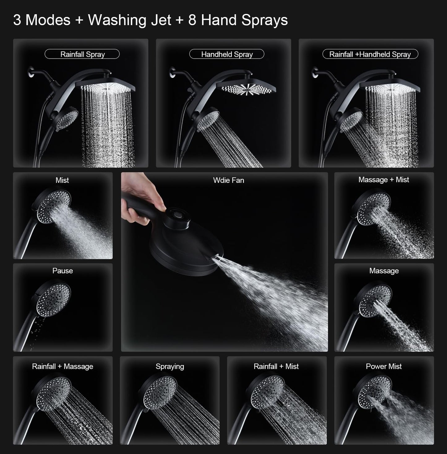 12" High Pressure Rain Shower Head & Handheld Combo, 9 Spray Settings, Magnetic3