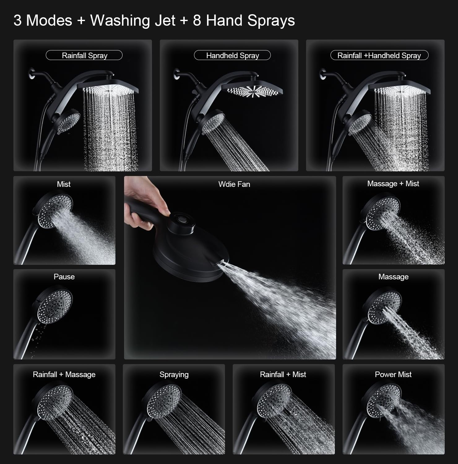 12" High Pressure Rain Shower Head & Handheld Combo, 9 Spray Settings, Magnetic3