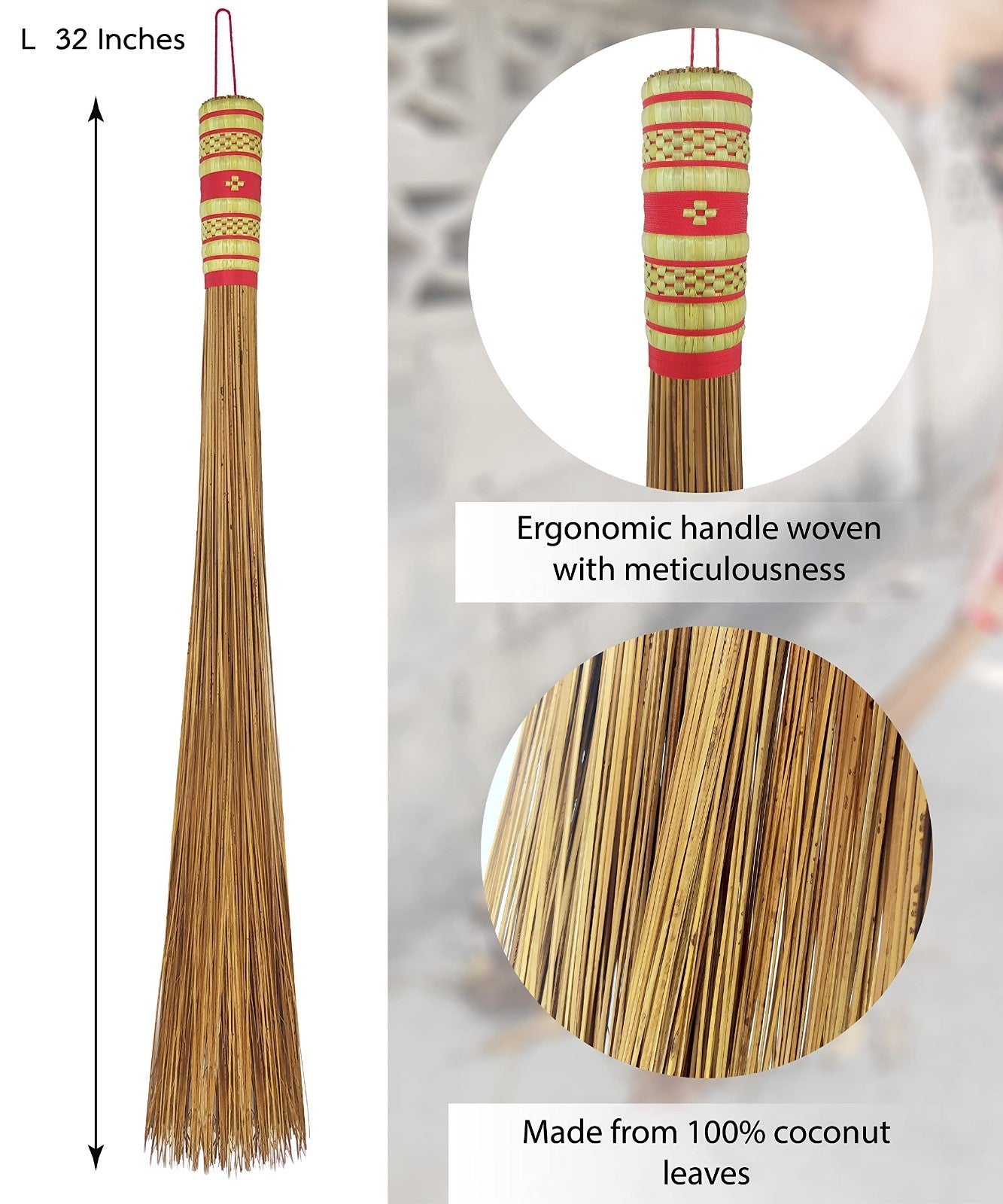 32" Heavy Duty Outdoor Coconut Leaf Broom - Multi-Surface Rustic Thai Broom4