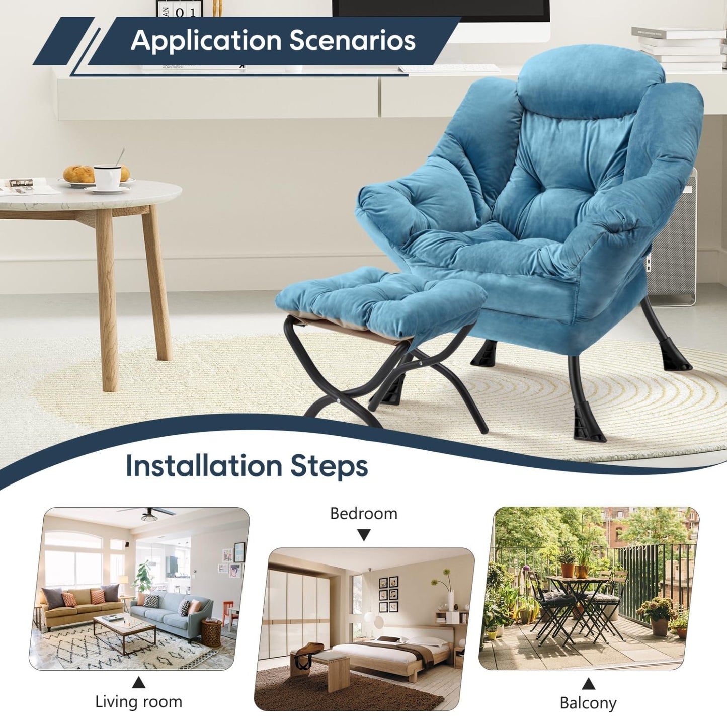 Modern Lazy Chair with Folding Ottoman, Upholstered Accent Sofa for Bedroom & Of4