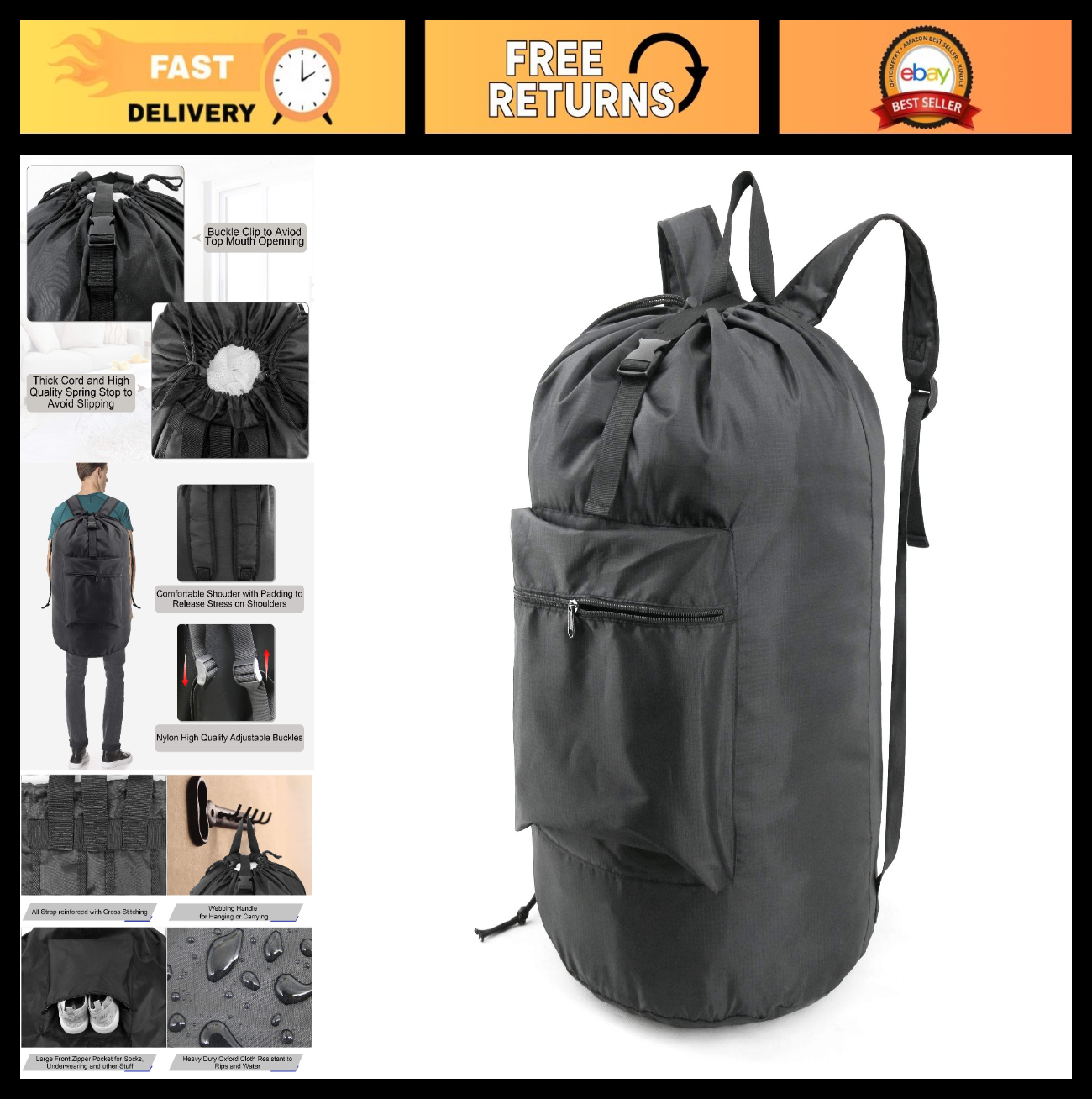 Extra Large Laundry Backpack with Adjustable Straps - Heavy Duty Drawstring Hamp0
