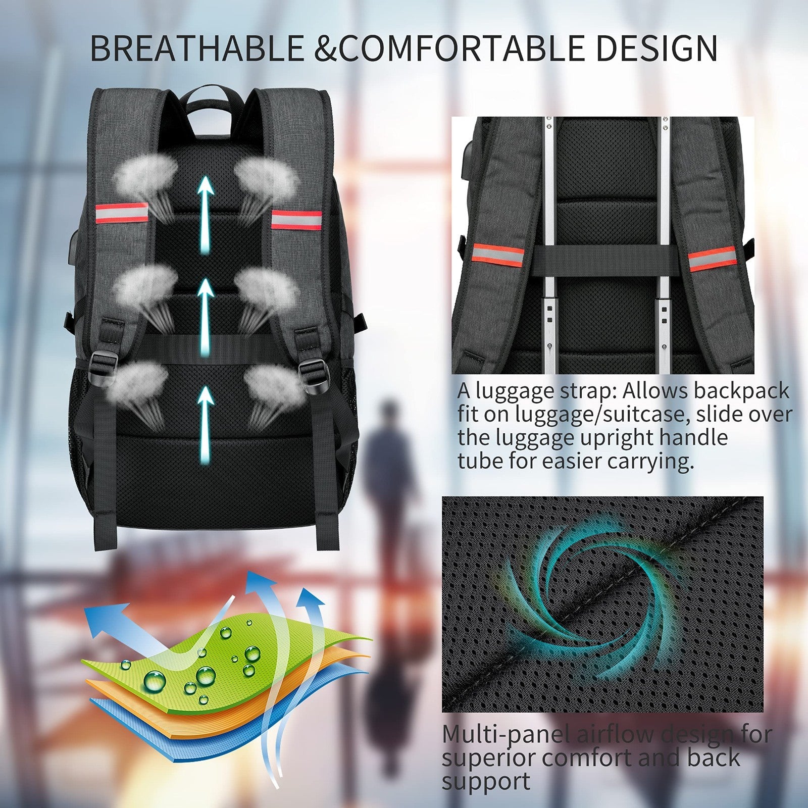 Waterproof 17" Laptop Backpack, Large Travel Bookbag with USB Charging Port, Gre4