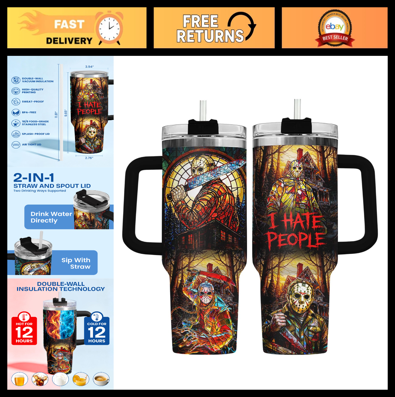 40oz Insulated Travel Mug with Handle   Funny Horror Slasher Design, Perfect Gif0