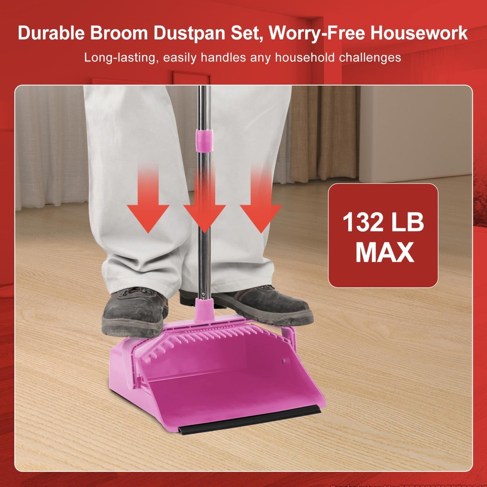 51'' Broom & Dustpan Set - Standing Broom for Pet Hair & Floor Cleaning - Pink3