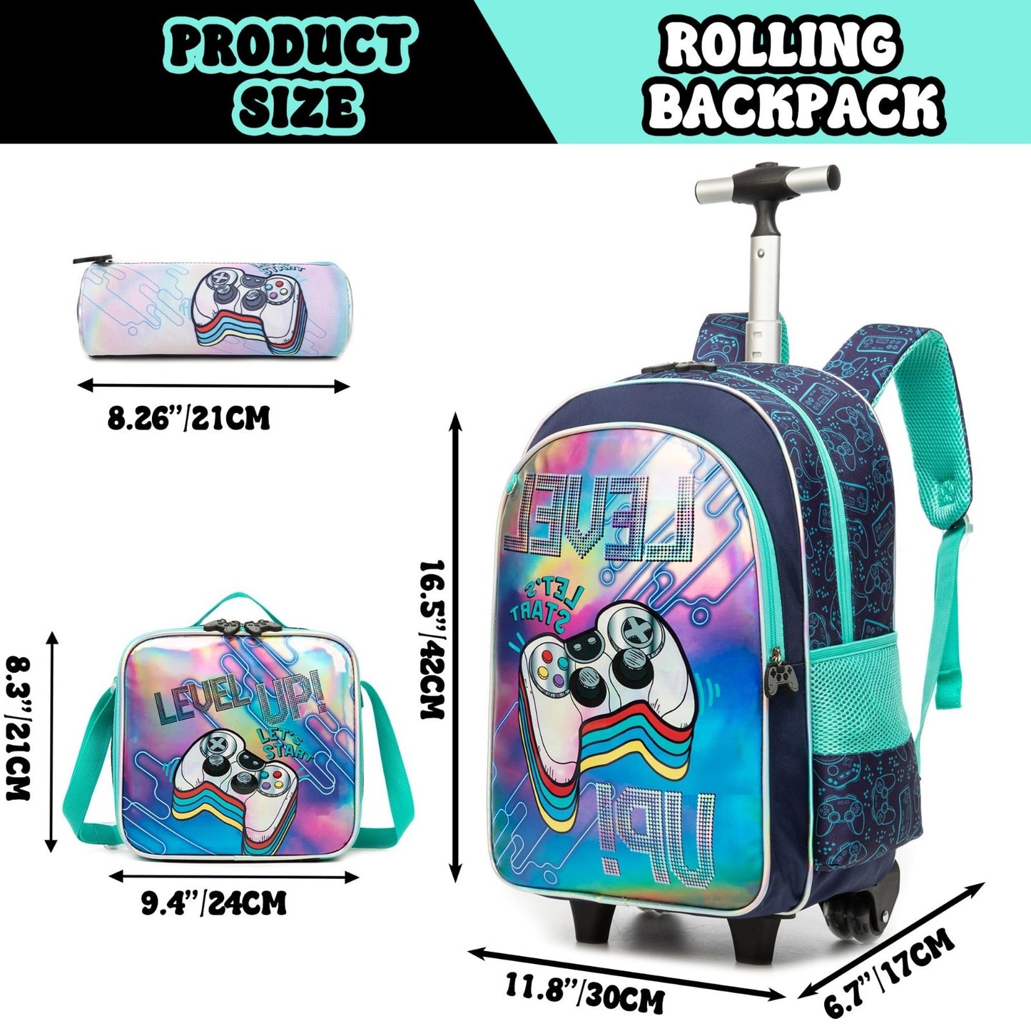 Rolling Kids Backpack with Wheels, Football Design, Lunch Box Included, Ages 6 82