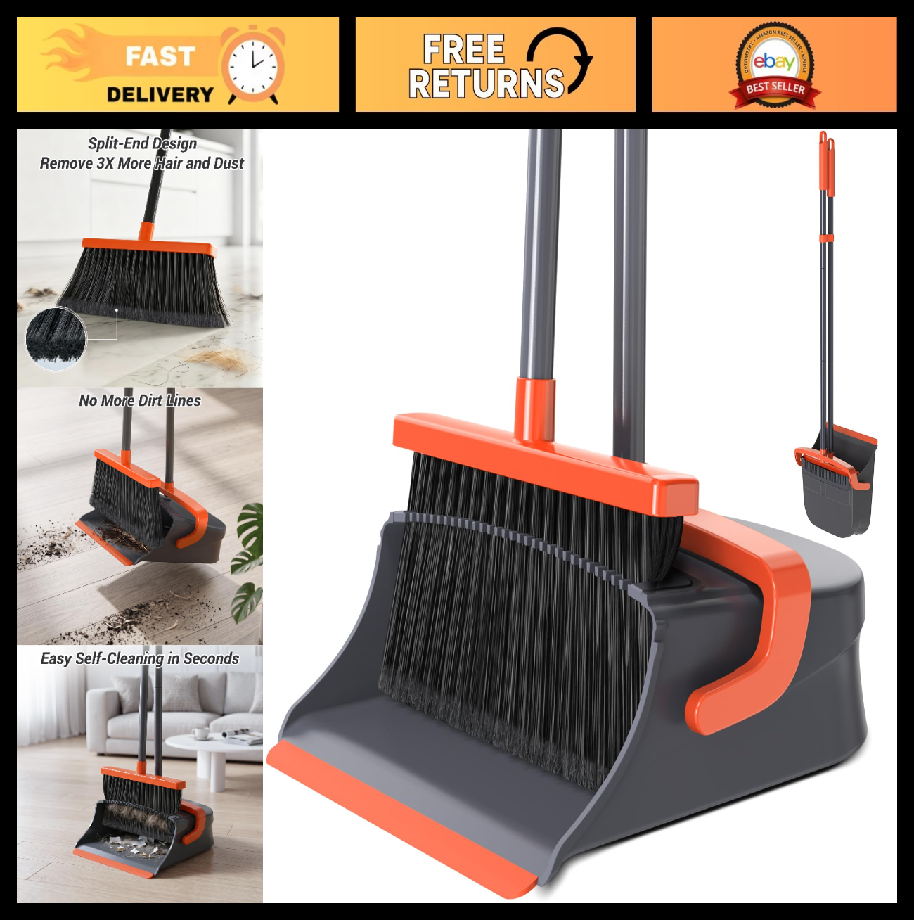 Self-Cleaning Broom & Dustpan Set for Pet Hair, Dust - Long Handle, Indoor/Outdo0