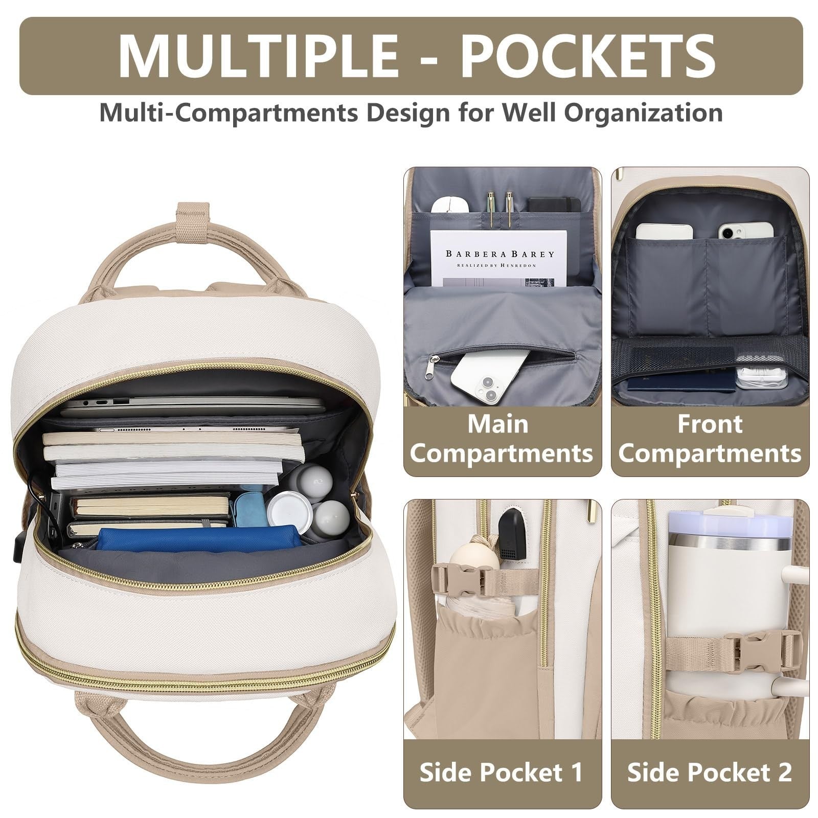 Stylish Laptop Backpack for Women   15.6" College Bookbag with Large Tumbler Poc3