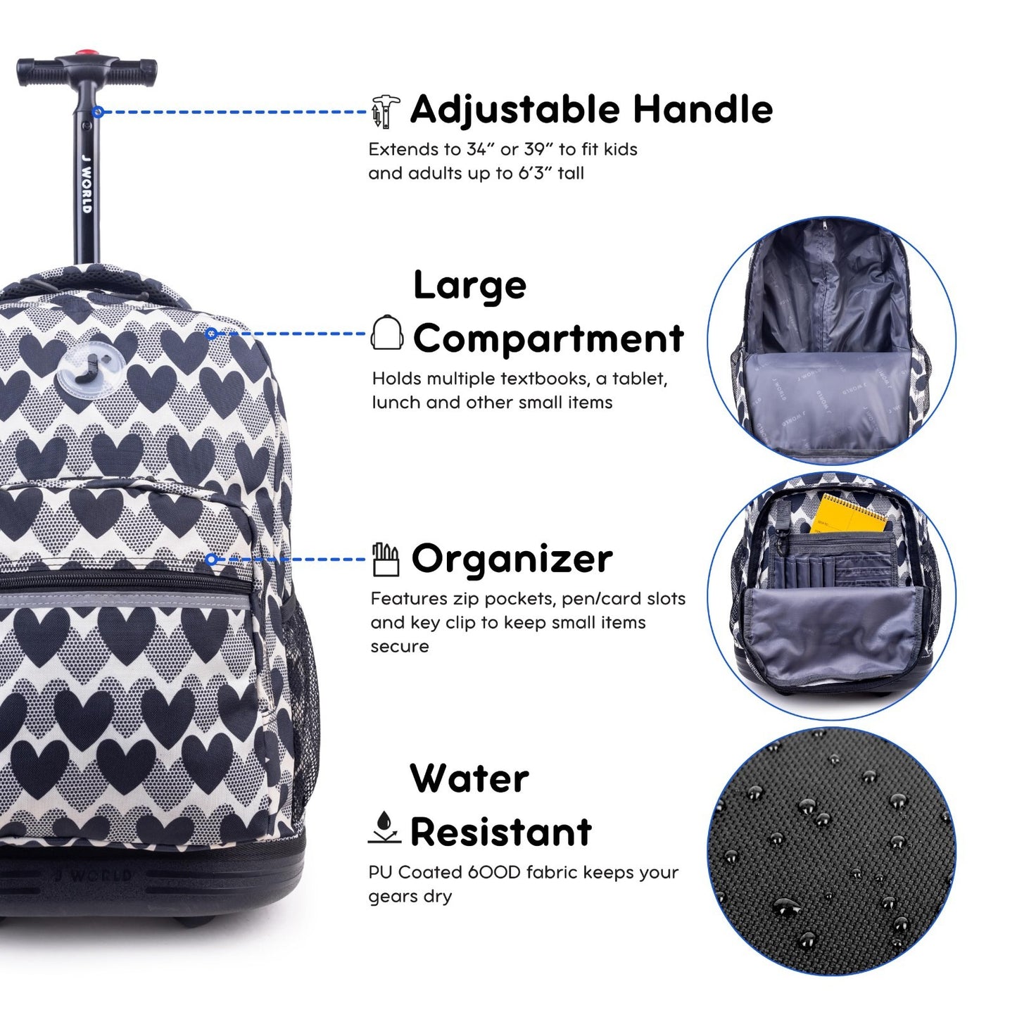 Rolling Backpack with Wheels, Heart Dot Design, Lightweight Travel Bag, School B5