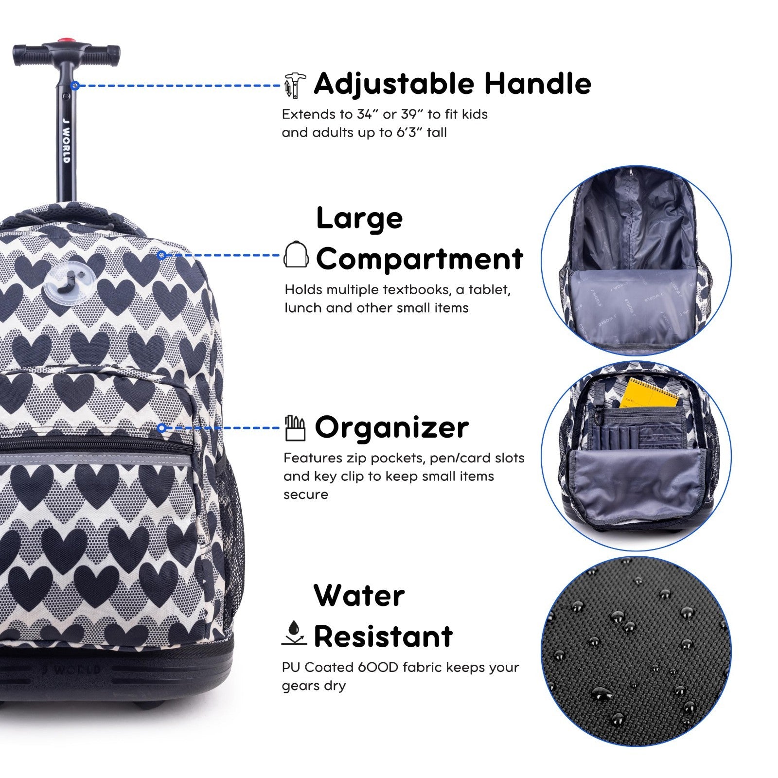 Rolling Backpack with Wheels, Heart Dot Design, Lightweight Travel Bag, School B5