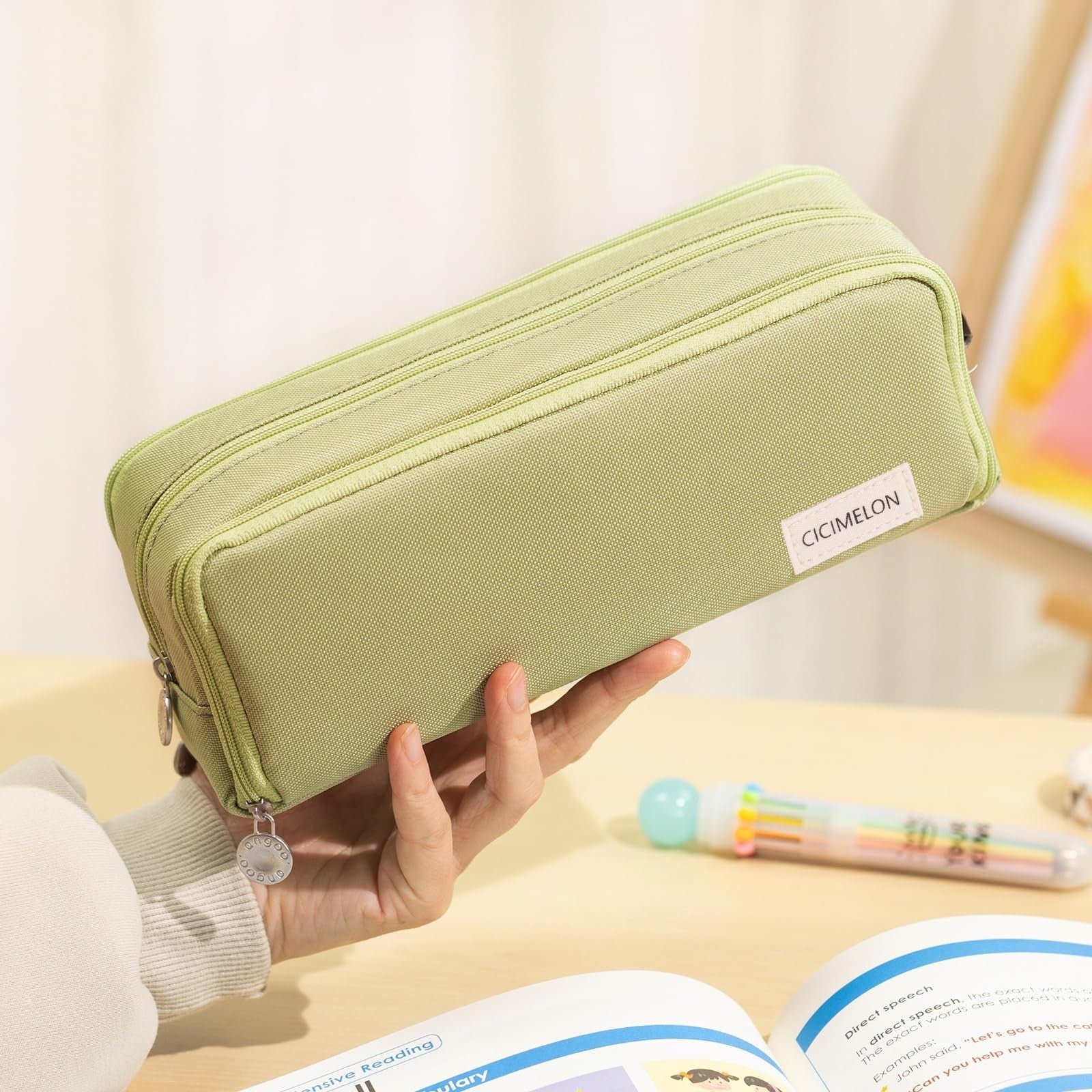 Large Capacity 3 Compartment Pencil Case Pouch for School, Teens & Adults   Gree6