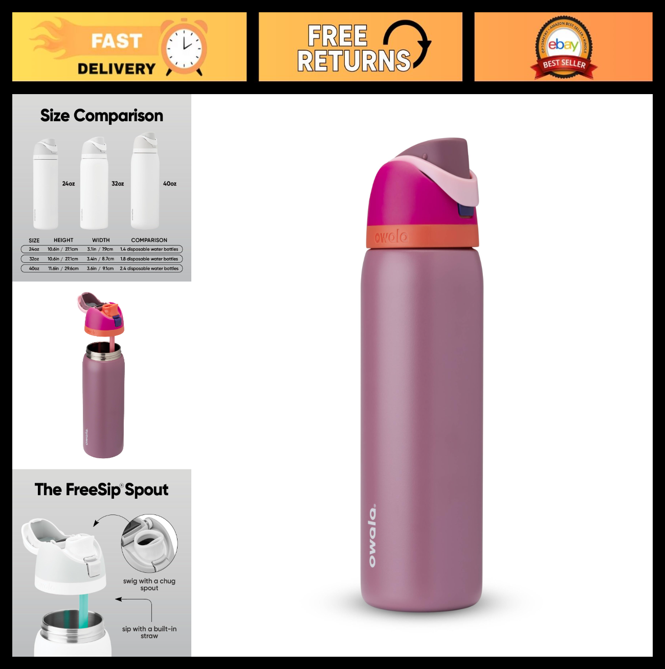 Insulated Stainless Steel Water Bottle 32oz with Straw   BPA Free, Pink, Travel0