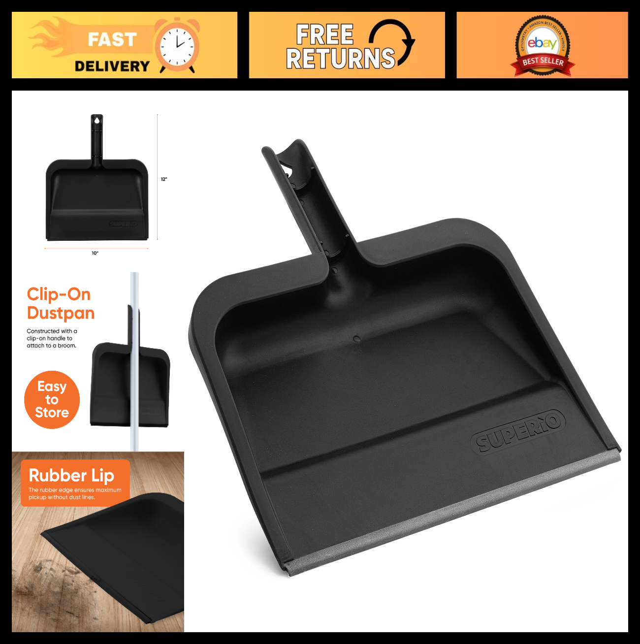 Durable 10-Inch Clip-On Dustpan with Rubber Lip & Comfort Grip Handle - Black0