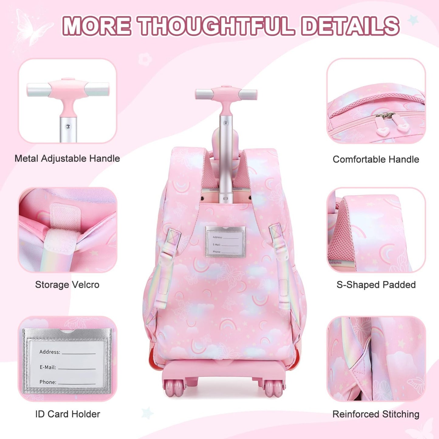 3PCS Girls Rainbow Butterfly Rolling Backpack Set with Lunch Box   Pink Travel B5