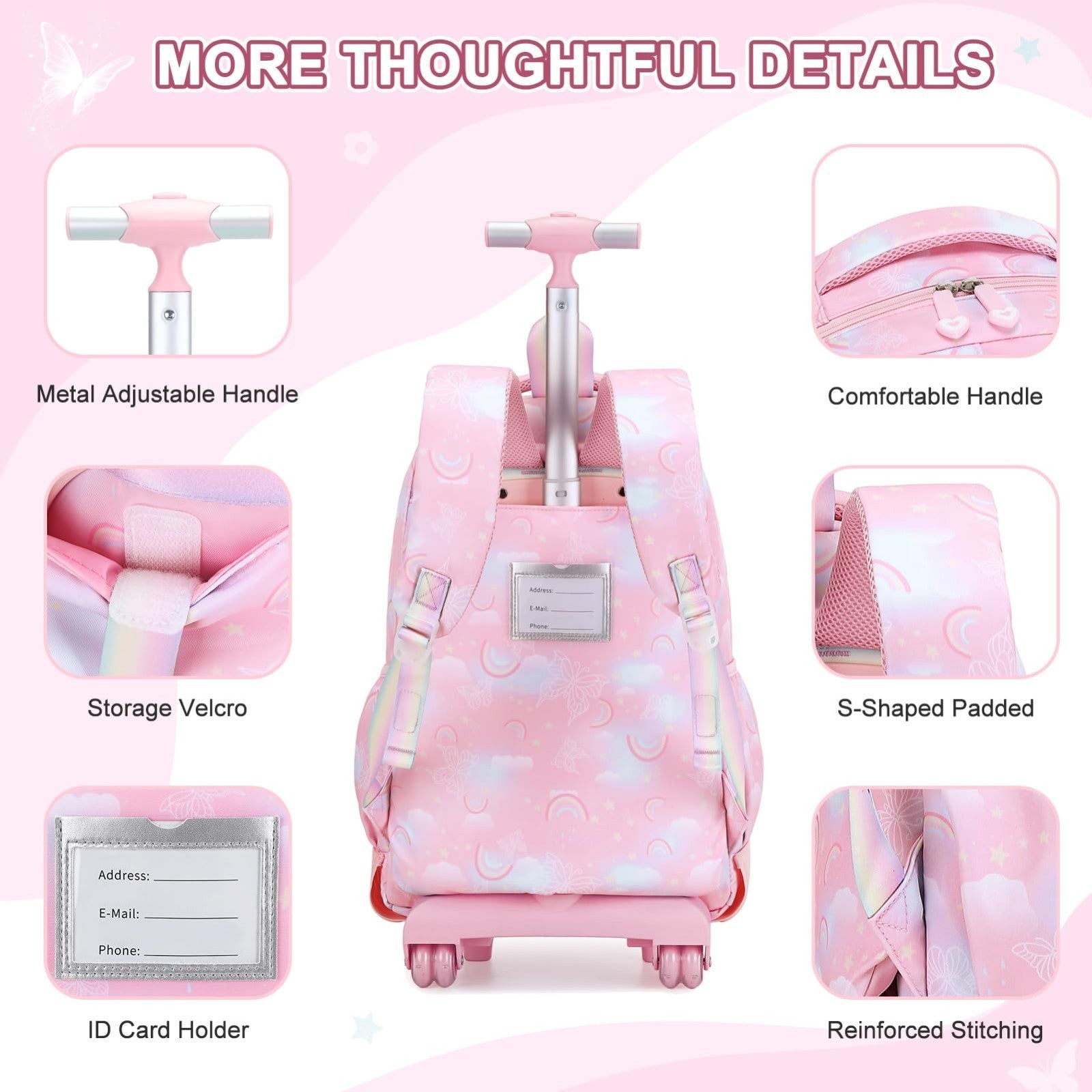 3PCS Girls Rainbow Butterfly Rolling Backpack Set with Lunch Box   Pink Travel B5