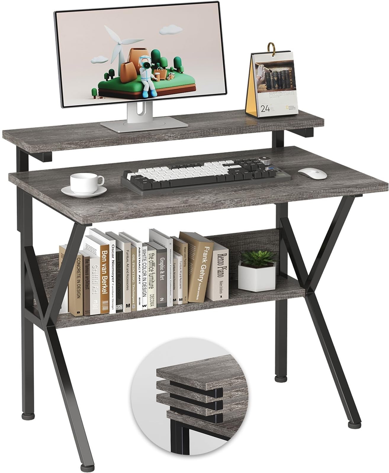 Compact Computer Desk with Adjustable Monitor Stand, Small Space Study Table, Gr1